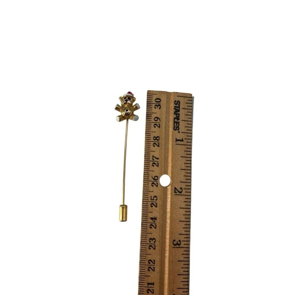 Vintage Gold Tone Teddy‎ Bear Enamel Holiday Christmas Santa Hat Stick Pin